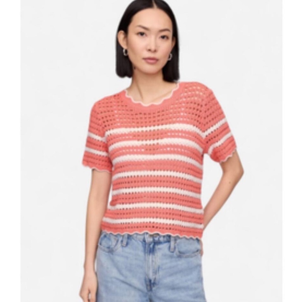GAP Coral and White Striped Crochet Crewneck Large Short Sleeve Sweater